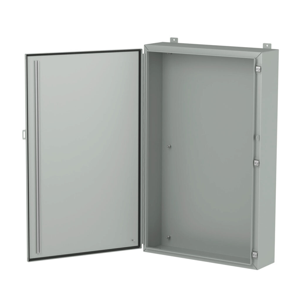 1418R8LP - Hammond enclosure, NEMA 3R/4/12/13, 48 x 30 x 8in (HxWxD), wall mount, carbon steel, ANSI 61 gray, powder coat finish, single-door, stainless steel clamps, padlock hasp and staple.