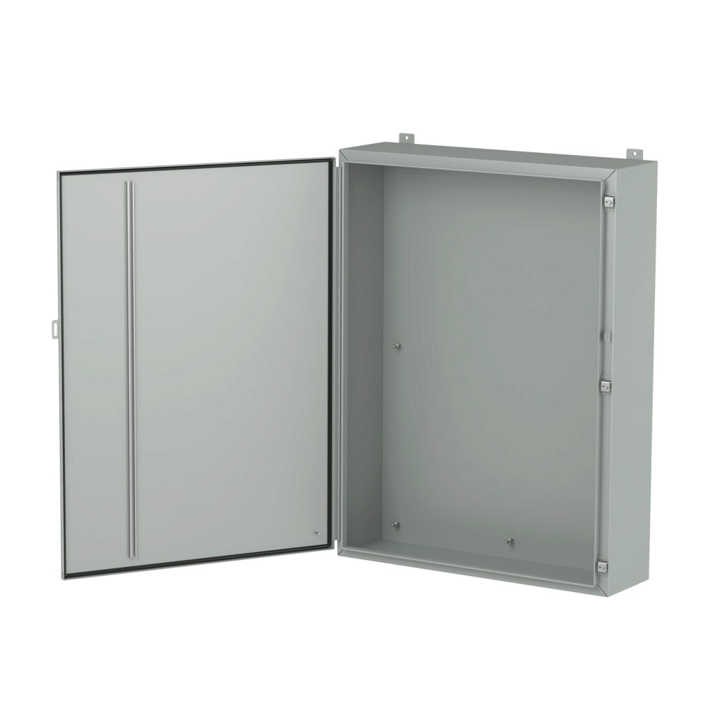 1418S10LP - Hammond enclosure, NEMA 3R/4/12/13, 48 x 36 x 10in (HxWxD), wall mount, carbon steel, ANSI 61 gray, powder coat finish, single-door, stainless steel clamps, padlock hasp and staple.
