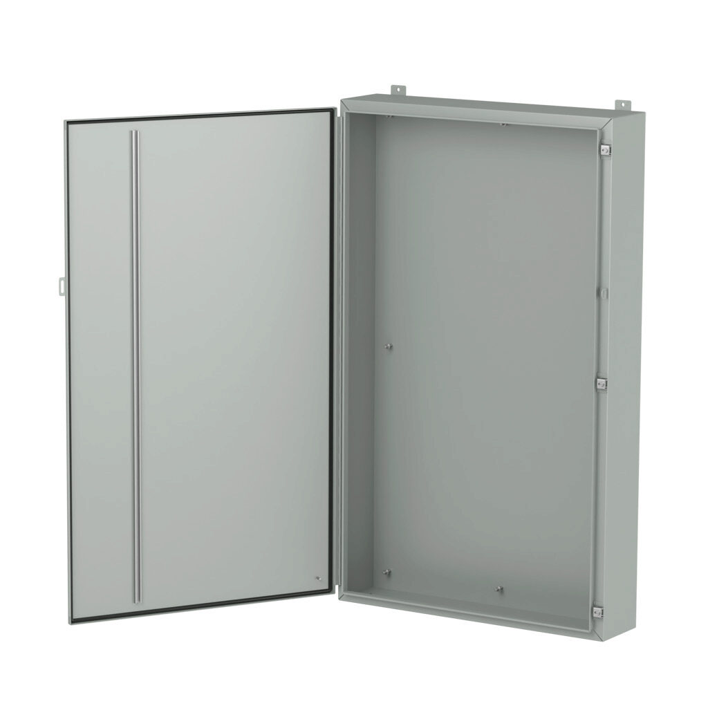 1418T8LP - Hammond enclosure, NEMA 3R/4/12/13, 60 x 36 x 8in (HxWxD), wall mount, carbon steel, ANSI 61 gray, powder coat finish, single-door, stainless steel clamps, padlock hasp and staple.