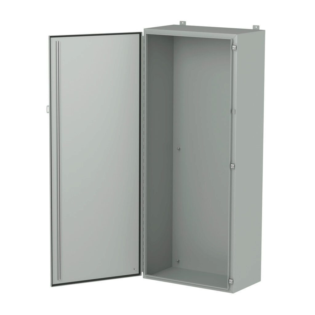 1418U16LP - Hammond enclosure, NEMA 3R/4/12/13, 72 x 30 x 16in (HxWxD), wall mount, carbon steel, ANSI 61 gray, powder coat finish, single-door, stainless steel clamps, padlock hasp and staple.