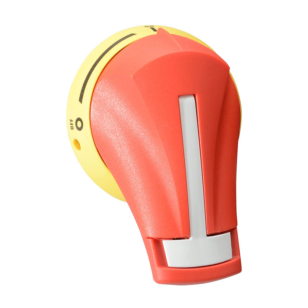 141E2111 - Socomec rotary handle, pistol, S1, red/yellow, external front mount, 2-position, lockable in OFF only, defeatable, NEMA 4/4X.