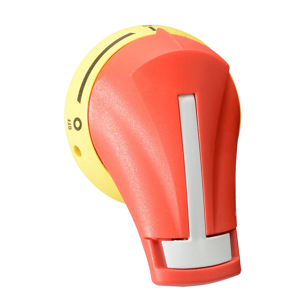 141G2111 - Socomec rotary handle, pistol, S1, red/yellow, external front mount, 2-position, lockable in OFF only, defeatable, NEMA 1/3R/12.