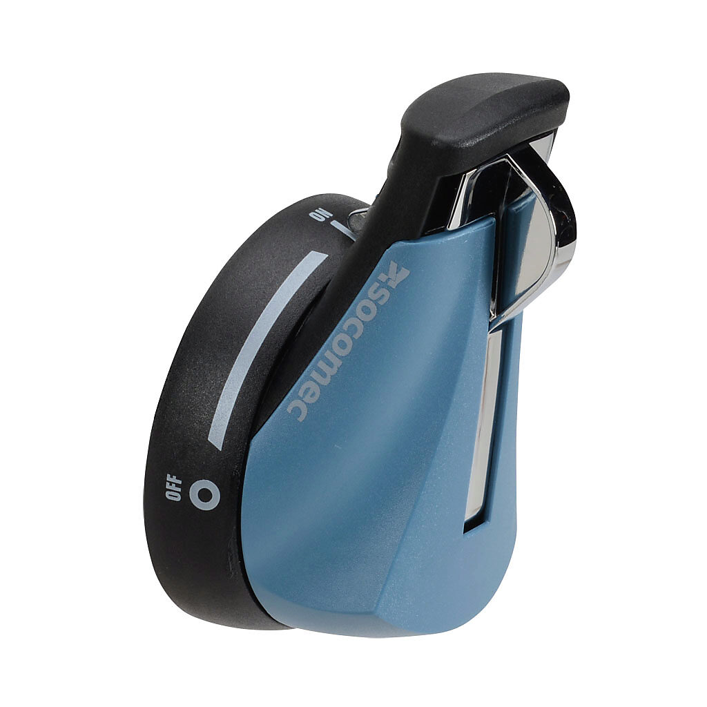 141H6911 - Socomec rotary handle, pistol, S1, heavy duty metallic hasp, black/blue, external right side mount, 2-position, lockable in OFF only, NEMA 4/4X.