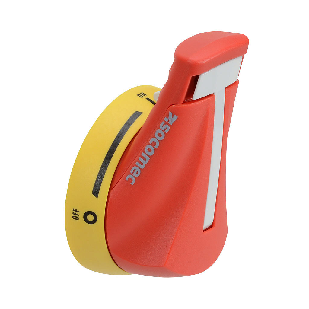141I6111 - Socomec rotary handle, pistol, S1, red/yellow, external right side mount, 2-position, lockable in OFF only, NEMA 4/4X.