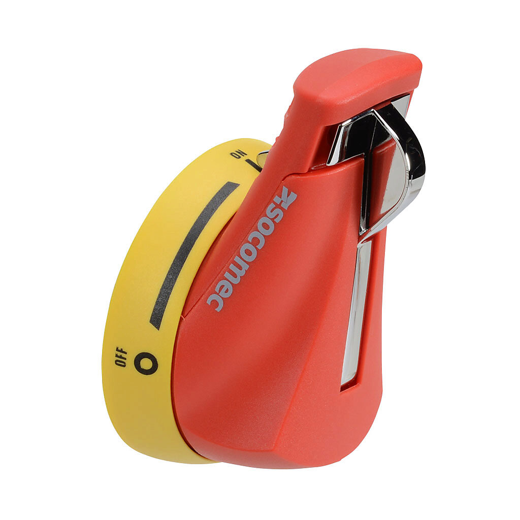 141I6911 - Socomec rotary handle, pistol, S1, heavy duty metallic hasp, red/yellow, external right side mount, 2-position, lockable in OFF only, NEMA 4/4X.