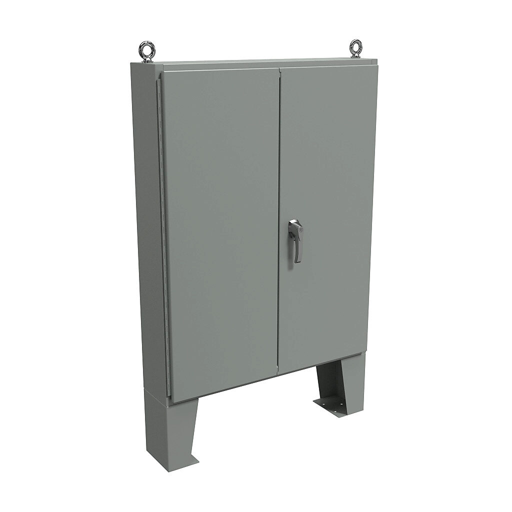 1422A8F - Hammond enclosure, NEMA 12, 54 x 42 x 8in (HxWxD), floor mount, carbon steel, ANSI 61 gray, powder coat finish, double-door, 3-point keylocking handle.