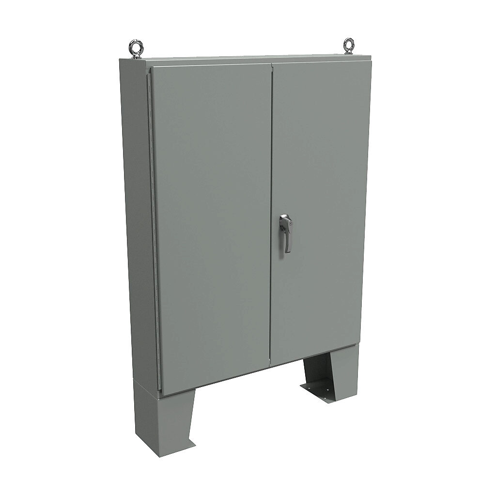 1422B10F - Hammond enclosure, NEMA 12, 60 x 48 x 10in (HxWxD), floor mount, carbon steel, ANSI 61 gray, powder coat finish, double-door, 3-point keylocking handle.