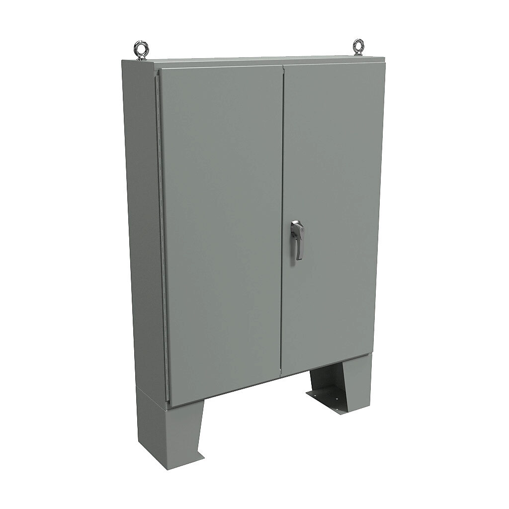 1422B12F - Hammond enclosure, NEMA 12, 60 x 48 x 12in (HxWxD), floor mount, carbon steel, ANSI 61 gray, powder coat finish, double-door, 3-point keylocking handle.