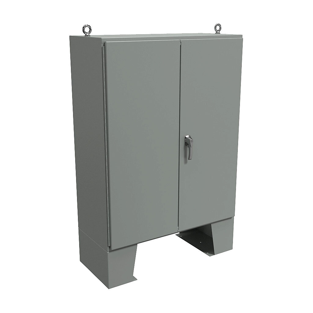1422B20F - Hammond enclosure, NEMA 12, 60 x 48 x 20in (HxWxD), floor mount, carbon steel, ANSI 61 gray, powder coat finish, double-door, 3-point keylocking handle.