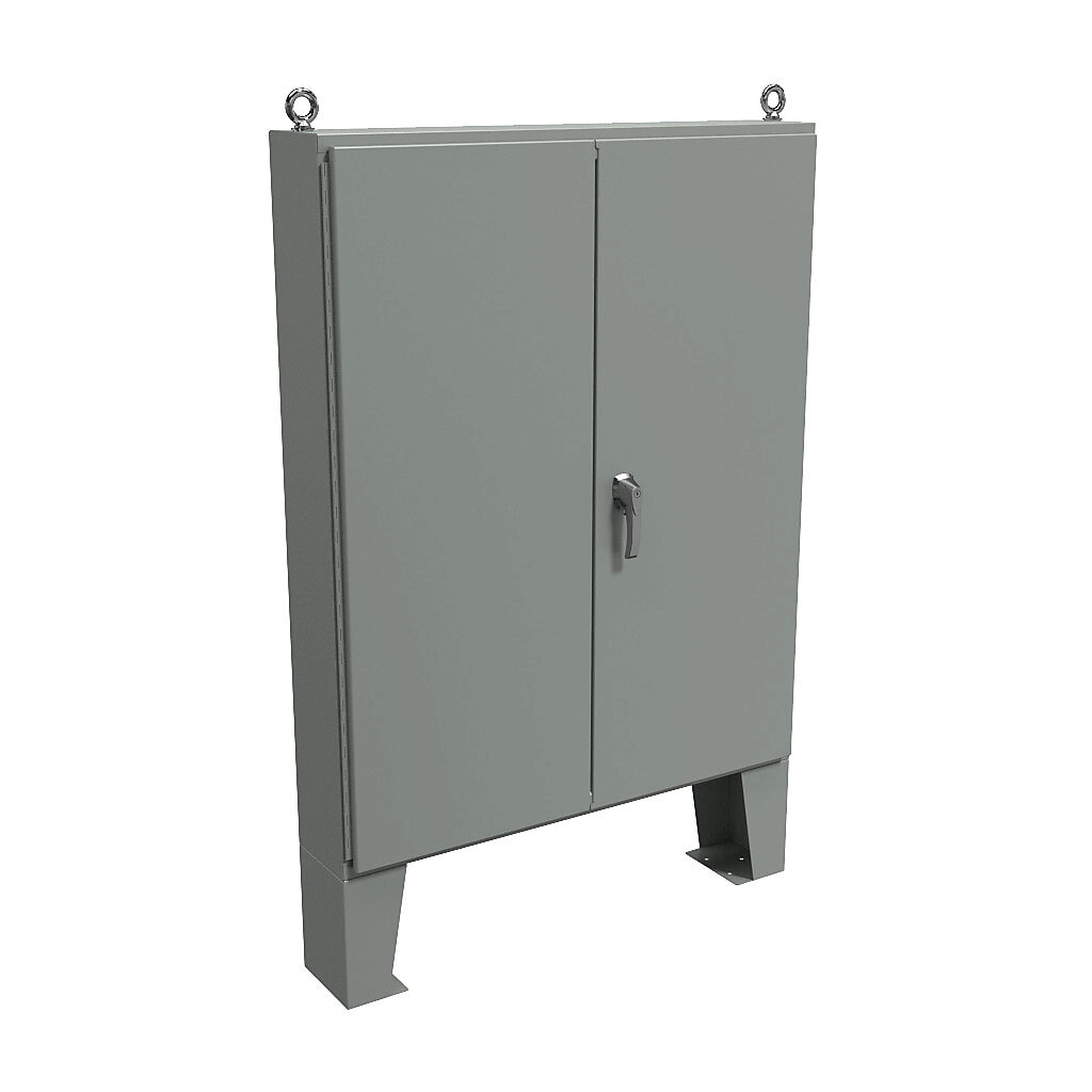 1422B8F - Hammond enclosure, NEMA 12, 60 x 48 x 8in (HxWxD), floor mount, carbon steel, ANSI 61 gray, powder coat finish, double-door, 3-point keylocking handle.