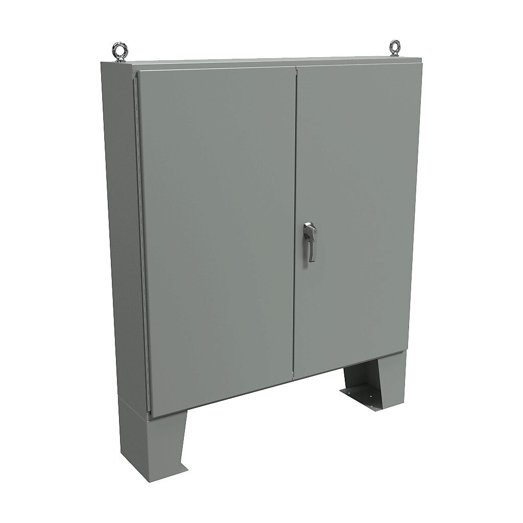 1422D12F - Hammond enclosure, NEMA 12, 60 x 60 x 12in (HxWxD), floor mount, carbon steel, ANSI 61 gray, powder coat finish, double-door, 3-point keylocking handle.