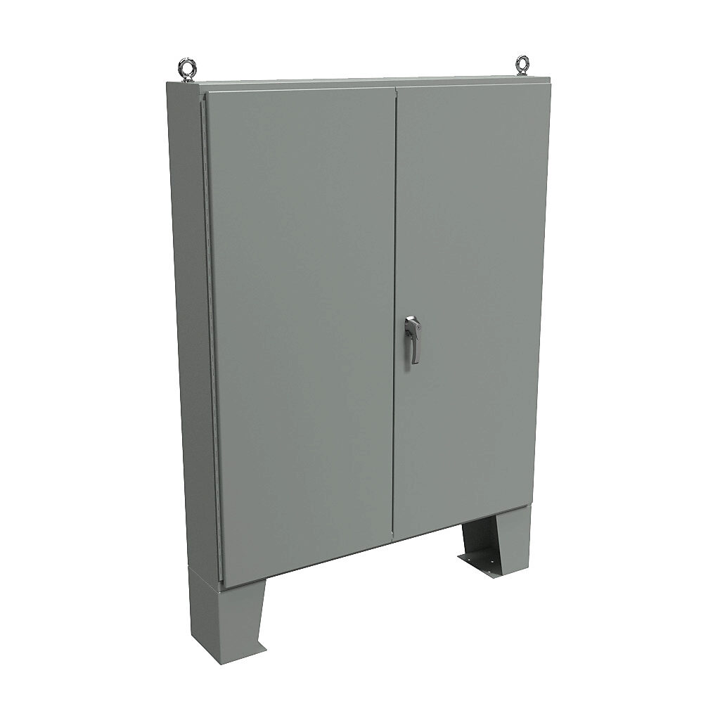 1422E10F - Hammond enclosure, NEMA 12, 72 x 60 x 10in (HxWxD), floor mount, carbon steel, ANSI 61 gray, powder coat finish, double-door, 3-point keylocking handle.