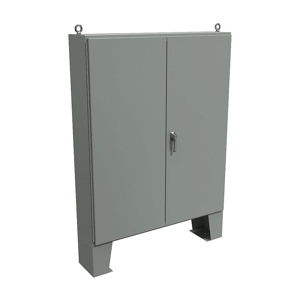 1422E12F - Hammond enclosure, NEMA 12, 72 x 60 x 12in (HxWxD), floor mount, carbon steel, ANSI 61 gray, powder coat finish, double-door, 3-point keylocking handle.