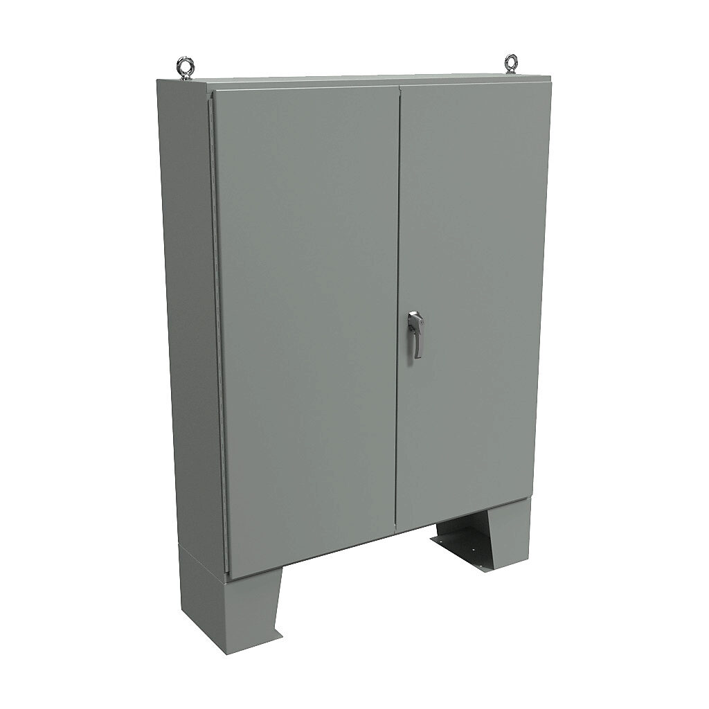 1422E16F - Hammond enclosure, NEMA 12, 72 x 60 x 16in (HxWxD), floor mount, carbon steel, ANSI 61 gray, powder coat finish, double-door, 3-point keylocking handle.