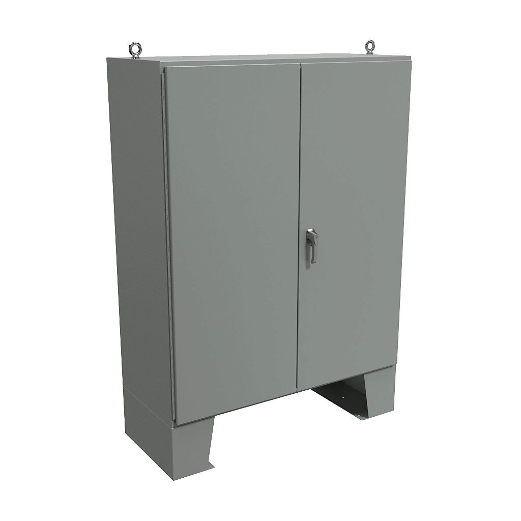 1422E24F - Hammond enclosure, NEMA 12, 72 x 60 x 24in (HxWxD), floor mount, carbon steel, ANSI 61 gray, powder coat finish, double-door, 3-point keylocking handle.