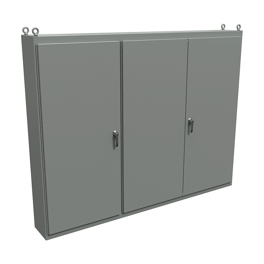 1422MD3 - Hammond enclosure, NEMA 12, 86 x 112 x 14in (HxWxD), freestanding, carbon steel, ANSI 61 gray, powder coat finish, 3-door, 3-point keylocking handle.