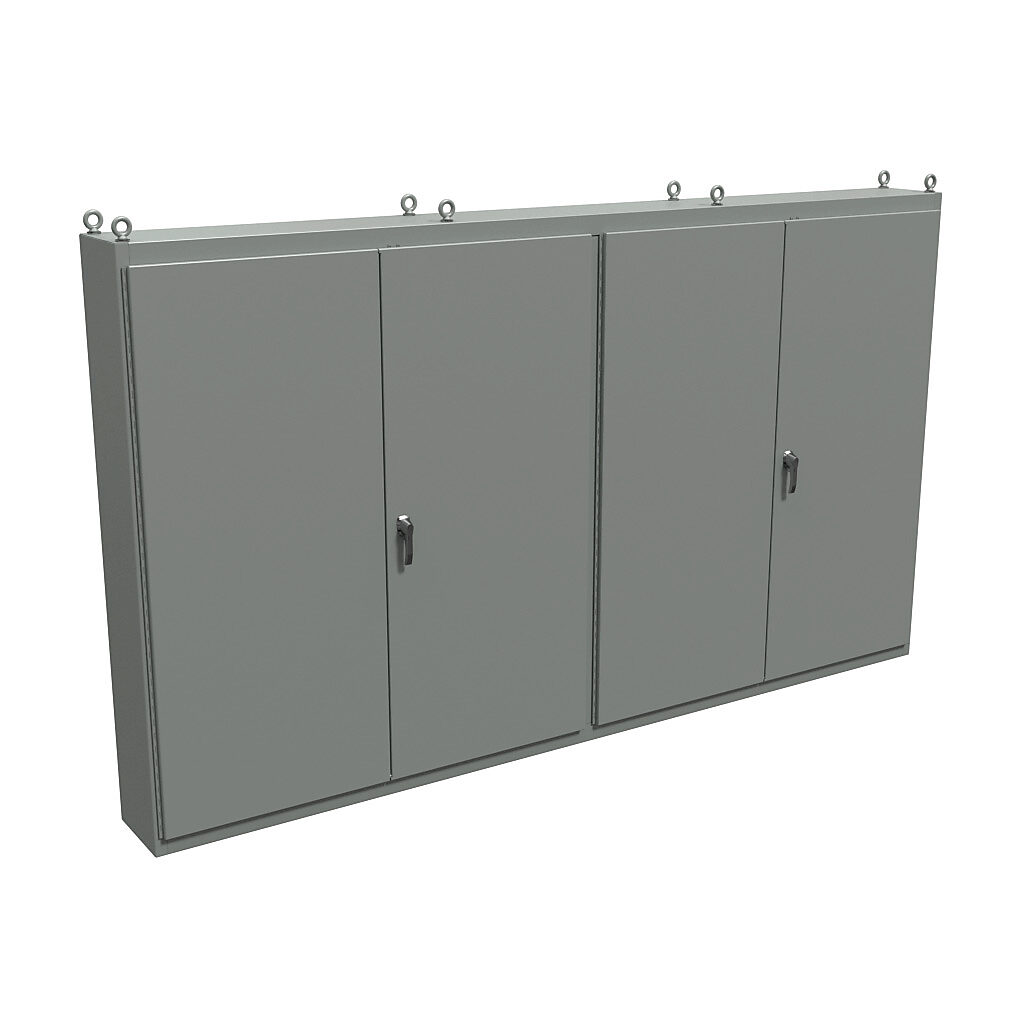 1422MD4 - Hammond enclosure, NEMA 12, 86 x 149 x 14in (HxWxD), freestanding, carbon steel, ANSI 61 gray, powder coat finish, 4-door, 3-point keylocking handle.