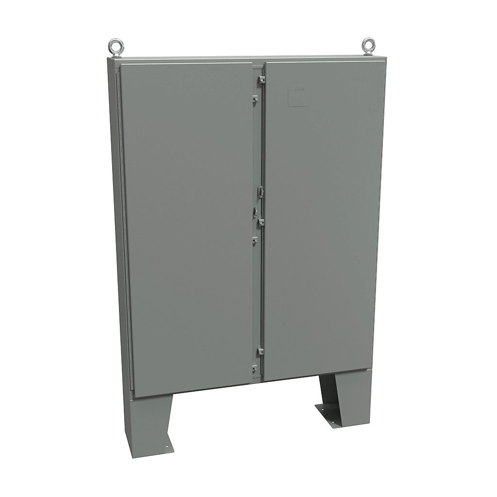 1422N4B10F - Hammond enclosure, NEMA 3R/4/12/13, 60 x 48 x 10in (HxWxD), floor mount, carbon steel, ANSI 61 gray, powder coat finish, 2-door, stainless steel clamps, padlock hasp and staple.
