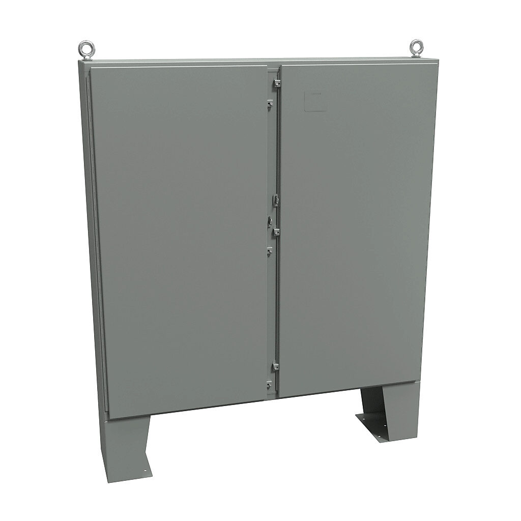 1422N4D12F - Hammond enclosure, NEMA 3R/4/12/13, 60 x 60 x 12in (HxWxD), floor mount, carbon steel, ANSI 61 gray, powder coat finish, 2-door, stainless steel clamps, padlock hasp and staple.