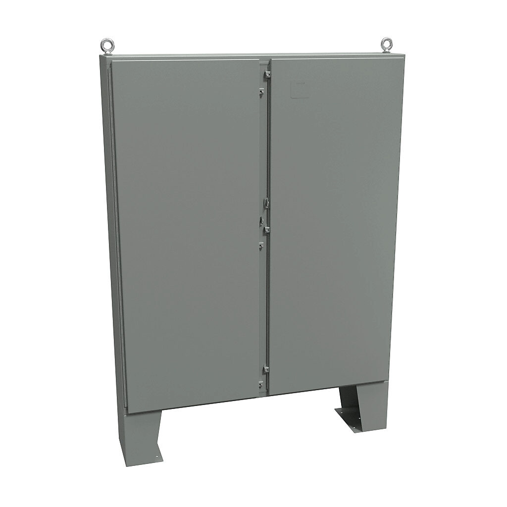 1422N4E12F - Hammond enclosure, NEMA 3R/4/12/13, 72 x 60 x 12in (HxWxD), floor mount, carbon steel, ANSI 61 gray, powder coat finish, 2-door, stainless steel clamps, padlock hasp and staple.