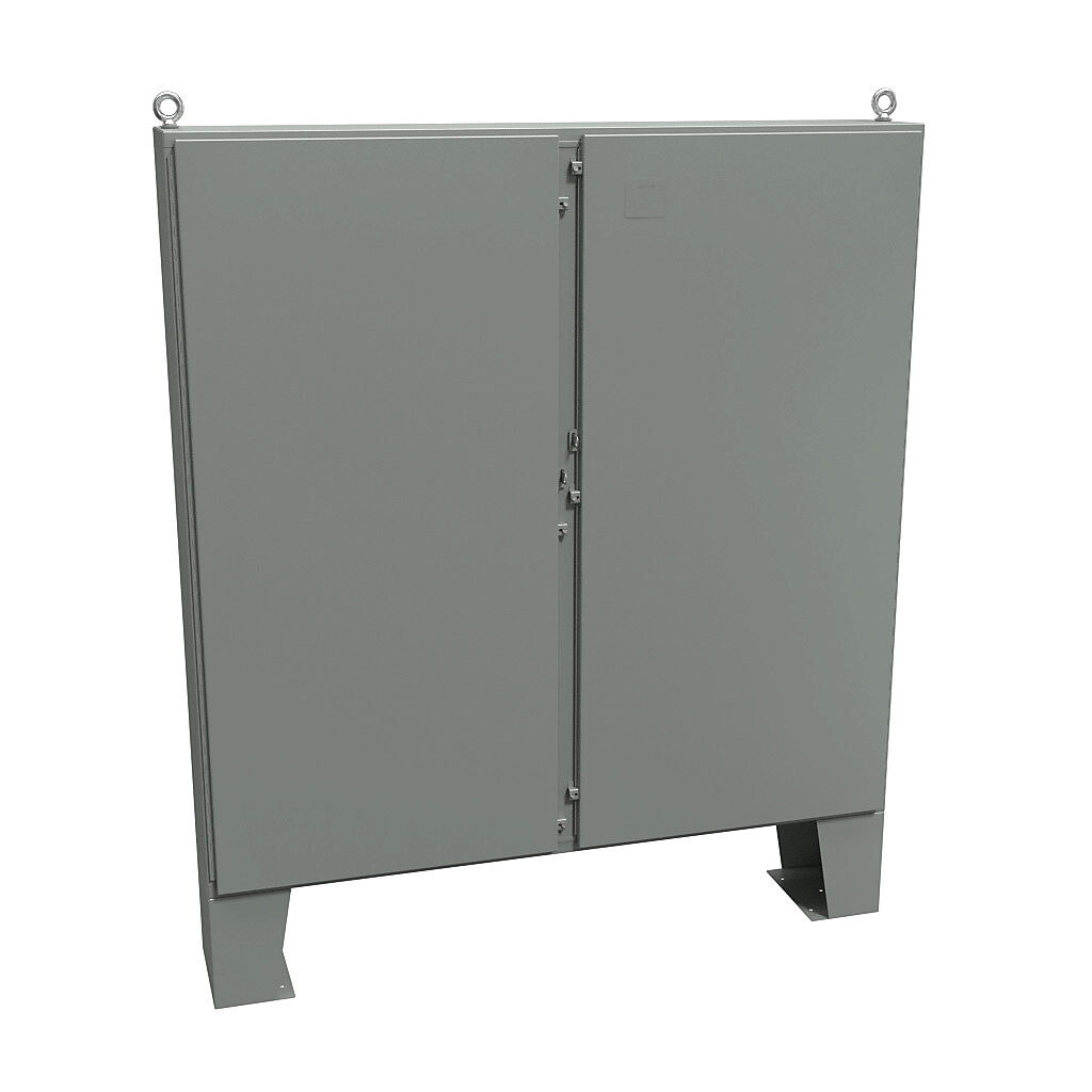 1422N4F12F - Hammond enclosure, NEMA 3R/4/12/13, 72 x 72 x 12in (HxWxD), floor mount, carbon steel, ANSI 61 gray, powder coat finish, 2-door, stainless steel clamps, padlock hasp and staple.