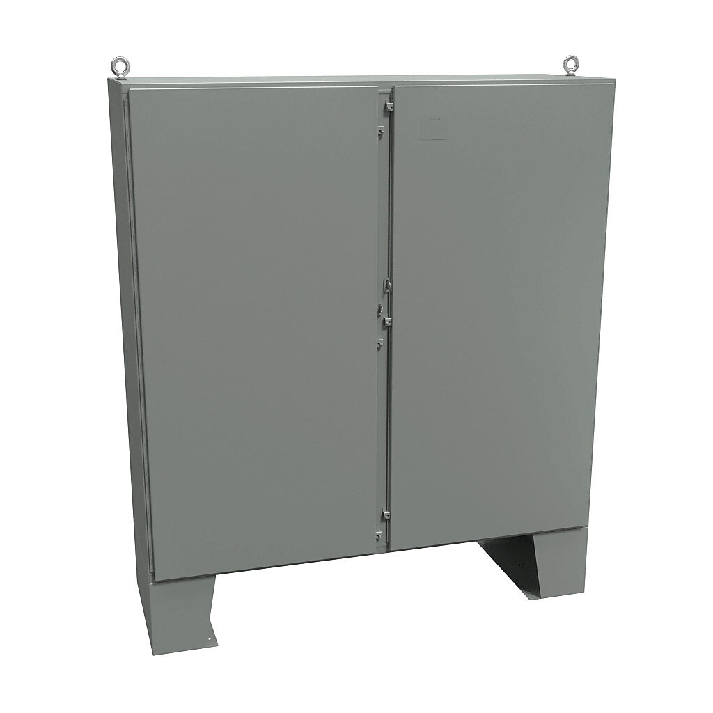 1422N4F24F - Hammond enclosure, NEMA 3R/4/12/13, 72 x 72 x 24in (HxWxD), floor mount, carbon steel, ANSI 61 gray, powder coat finish, 2-door, stainless steel clamps, padlock hasp and staple.