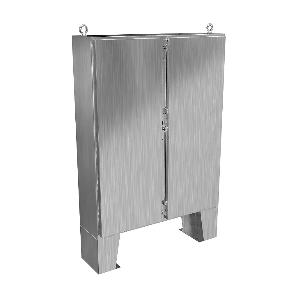 1422N4S16B12F - Hammond enclosure, NEMA 3R/4/4X/12/13, 60 x 48 x 12in (HxWxD), floor mount, 316 stainless steel, #4 brush finish, 2-door, stainless steel clamps, padlock hasp and staple.