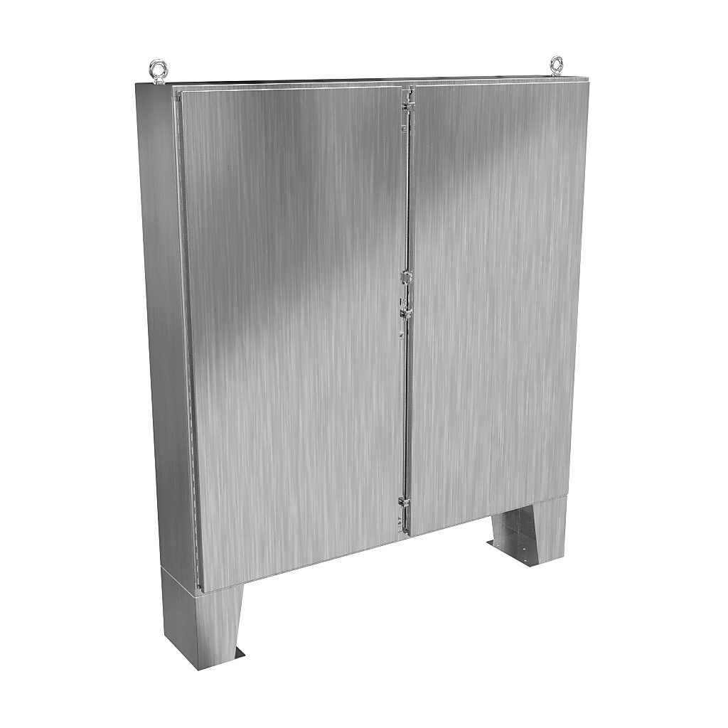 1422N4S16F12F - Hammond enclosure, NEMA 3R/4/4X/12/13, 72 x 72 x 12in (HxWxD), floor mount, 316 stainless steel, #4 brush finish, 2-door, stainless steel clamps, padlock hasp and staple.
