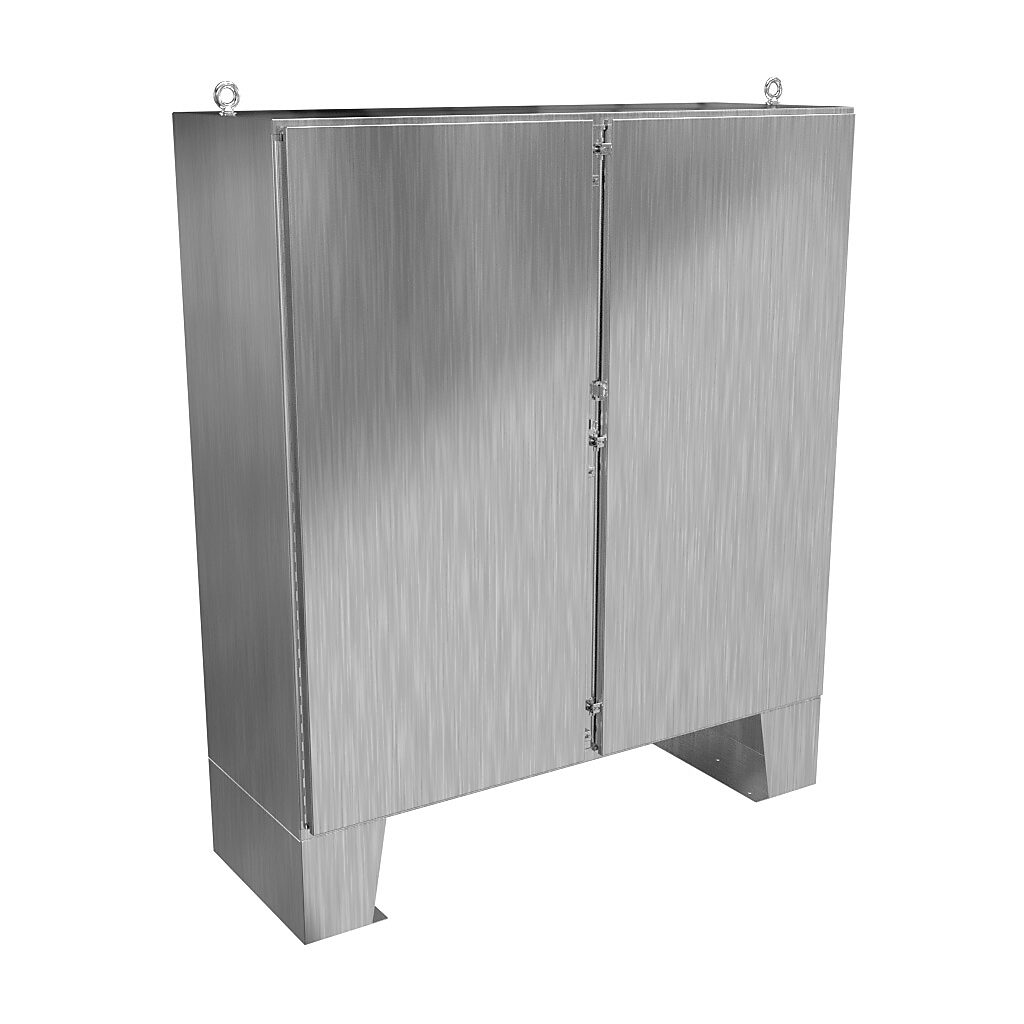 1422N4S16F24F - Hammond enclosure, NEMA 3R/4/4X/12/13, 72 x 72 x 24in (HxWxD), floor mount, 316 stainless steel, #4 brush finish, 2-door, stainless steel clamps, padlock hasp and staple.
