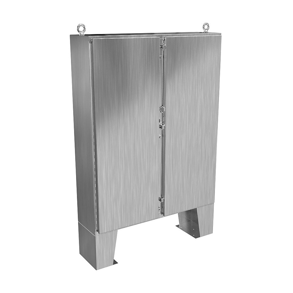 1422N4SSB12F - Hammond enclosure, NEMA 3R/4/4X/12/13, 60 x 48 x 12in (HxWxD), floor mount, 304 stainless steel, #4 brush finish, 2-door, stainless steel clamps, padlock hasp and staple.