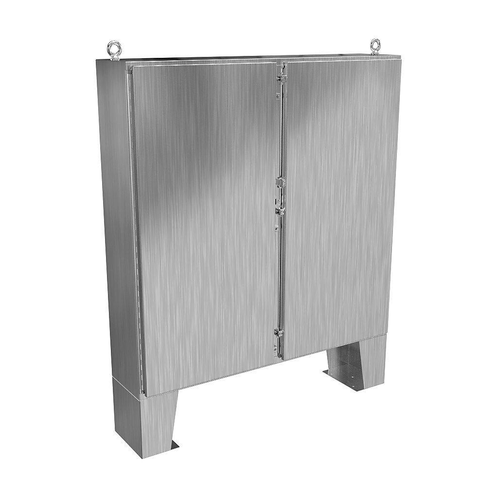1422N4SSD12F - Hammond enclosure, NEMA 3R/4/4X/12/13, 60 x 60 x 12in (HxWxD), floor mount, 304 stainless steel, #4 brush finish, 2-door, stainless steel clamps, padlock hasp and staple.