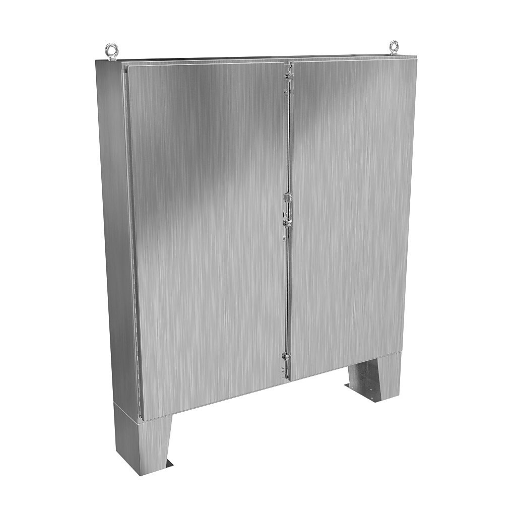 1422N4SSF12F - Hammond enclosure, NEMA 3R/4/4X/12/13, 72 x 72 x 12in (HxWxD), floor mount, 304 stainless steel, #4 brush finish, 2-door, stainless steel clamps, padlock hasp and staple.