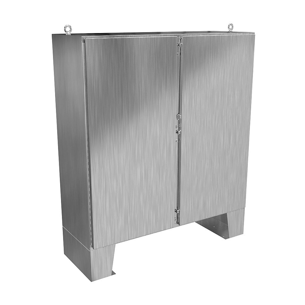 1422N4SSF24F - Hammond enclosure, NEMA 3R/4/4X/12/13, 72 x 72 x 24in (HxWxD), floor mount, 304 stainless steel, #4 brush finish, 2-door, stainless steel clamps, padlock hasp and staple.
