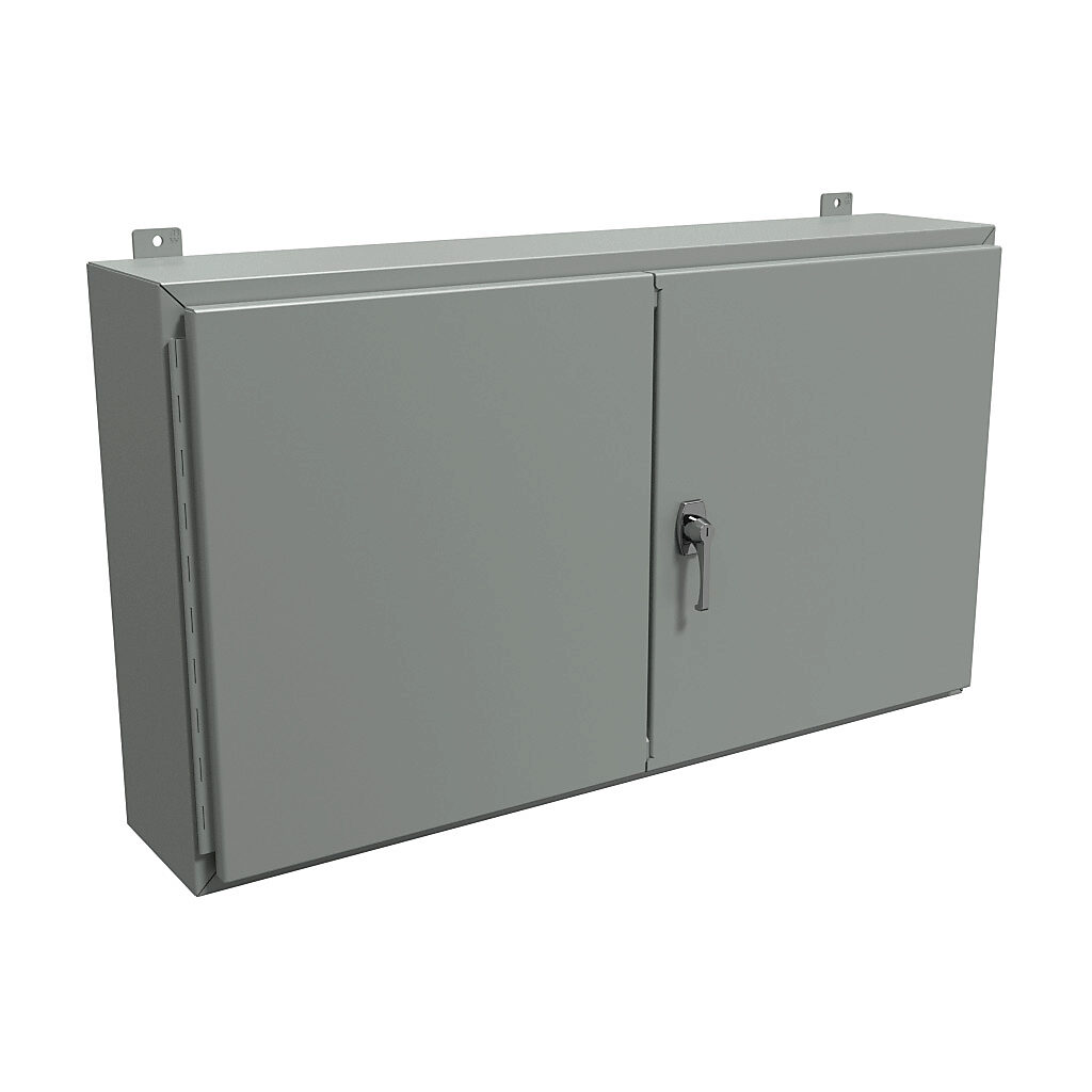 1422P10 - Hammond enclosure, NEMA 12, 24 x 42 x 10in (HxWxD), wall mount, carbon steel, ANSI 61 gray, powder coat finish, double-door, 3-point keylocking handle.