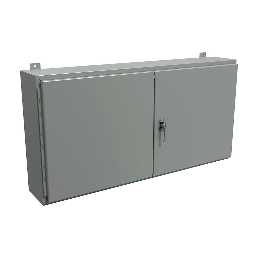 1422PW8 - Hammond enclosure, NEMA 12, 24 x 48 x 8in (HxWxD), wall mount, carbon steel, ANSI 61 gray, powder coat finish, double-door, 3-point keylocking handle.