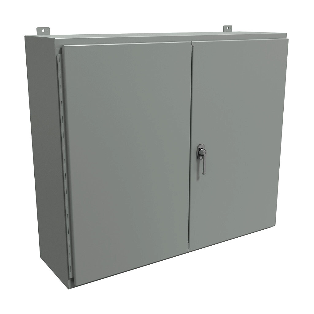 1422UV12 - Hammond enclosure, NEMA 12, 36 x 42 x 12in (HxWxD), wall mount, carbon steel, ANSI 61 gray, powder coat finish, double-door, 3-point keylocking handle.