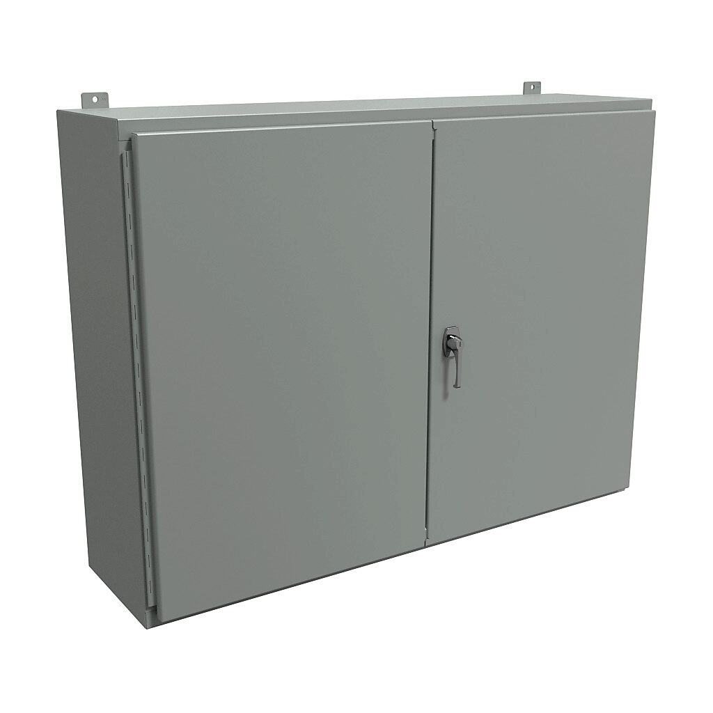 1422UW12 - Hammond enclosure, NEMA 12, 36 x 48 x 12in (HxWxD), wall mount, carbon steel, ANSI 61 gray, powder coat finish, double-door, 3-point keylocking handle.