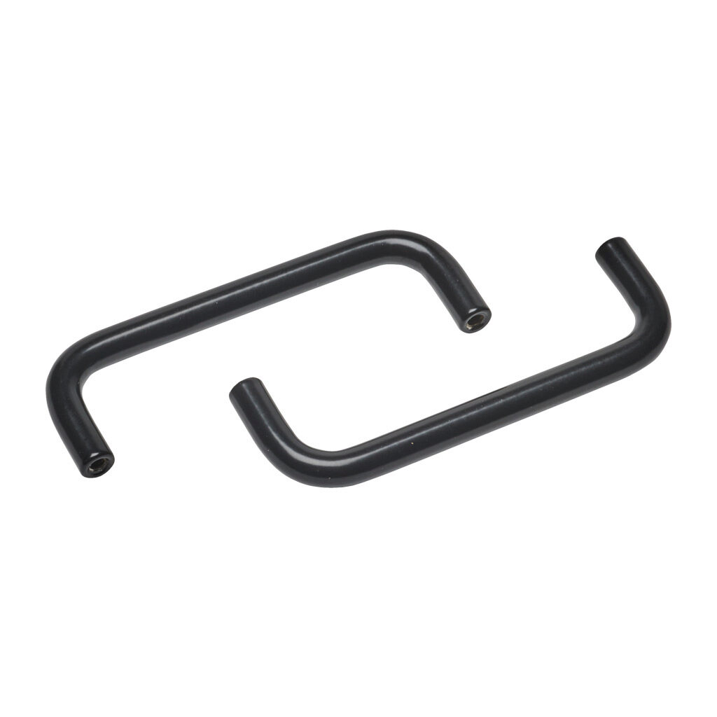 1427E1BK - Hammond pull handle, 2.00in, carbon steel, black. Package of 2. For use with Hammond RM2UxxxxxBK enclosures. Mounting hardware included.
