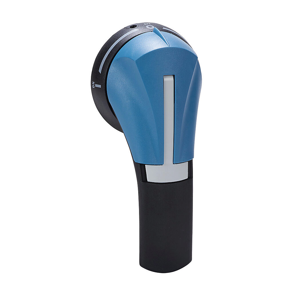 142D2113 - Socomec rotary handle, pistol, S2, black/blue, external front mount, 3-position, lockable in OFF only, defeatable, NEMA 4/4X. For use with SIRCOVER transfer switch bodies.