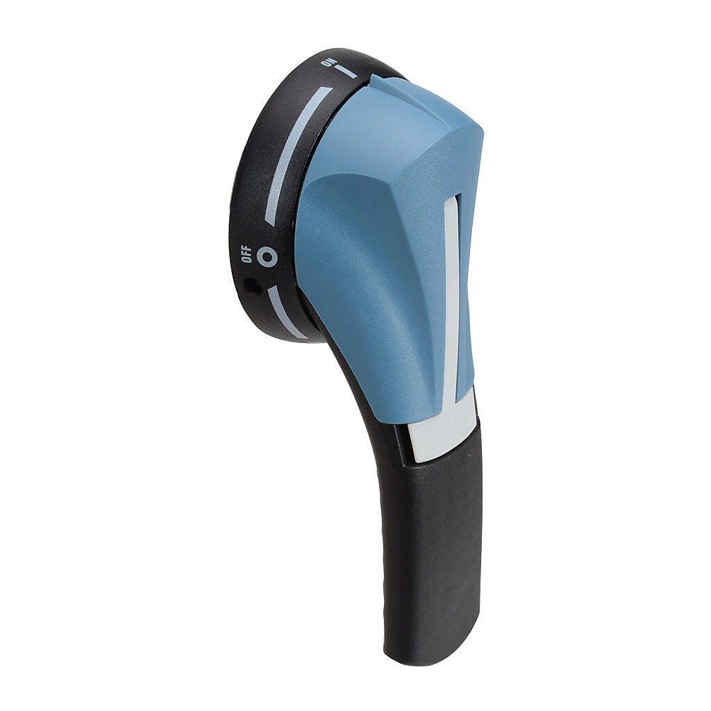 142D2115 - Socomec rotary handle, pistol, S2, black/blue, external front mount, 3-position, lockable in OFF only, defeatable, NEMA 4/4X, test function.