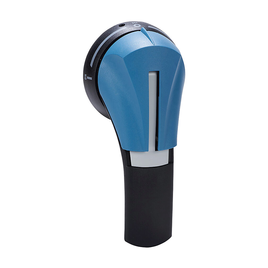 142D2813 - Socomec rotary handle, pistol, S2, black/blue, external front mount, 3-position, lockable in I-off-II, defeatable, NEMA 4/4X. For use with SIRCOVER transfer switch bodies.
