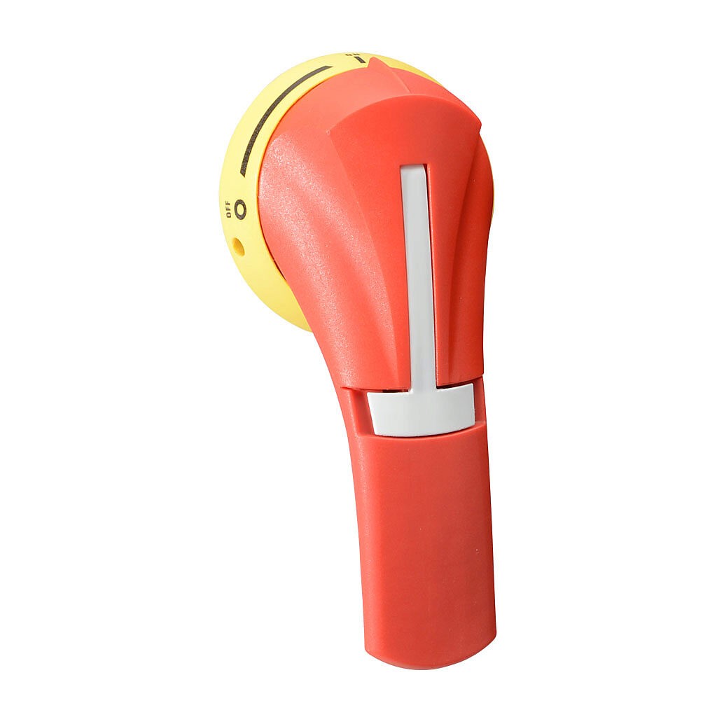 142E2111 - Socomec rotary handle, pistol, S2, red/yellow, external front mount, 2-position, lockable in OFF only, defeatable, NEMA 4/4X.