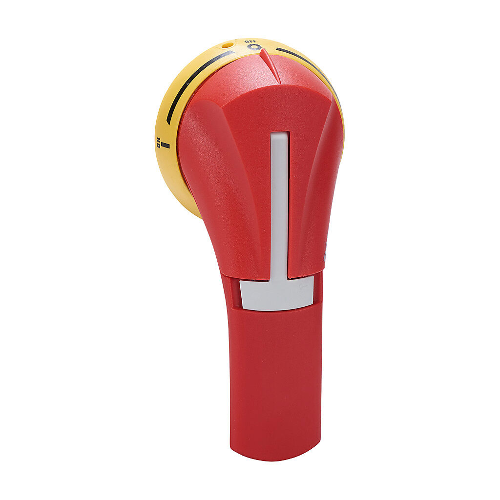 142E2113 - Socomec rotary handle, pistol, S2, red/yellow, external front mount, 3-position, lockable in OFF only, defeatable, NEMA 4/4X. For use with SIRCOVER transfer switch bodies.