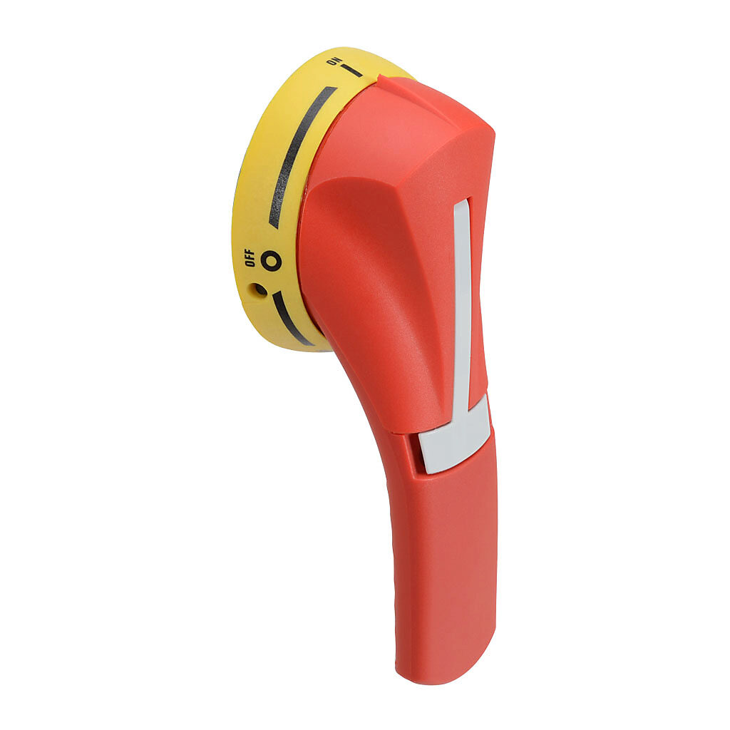142E2115 - Socomec rotary handle, pistol, S2, red/yellow, external front mount, 3-position, lockable in OFF only, defeatable, NEMA 4/4X, test function.