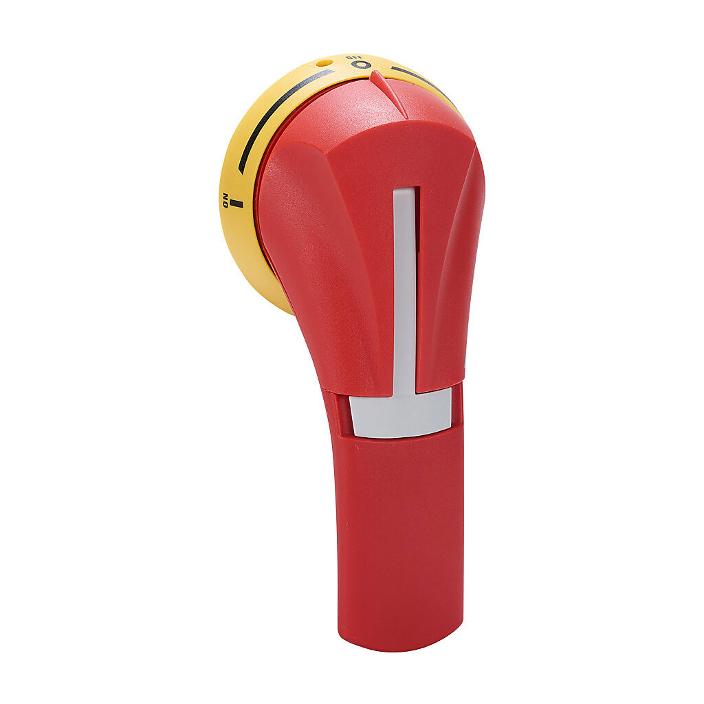 142E2813 - Socomec rotary handle, pistol, S2, red/yellow, external front mount, 3-position, lockable in I-off-II, defeatable, NEMA 4/4X. For use with SIRCOVER transfer switch bodies.