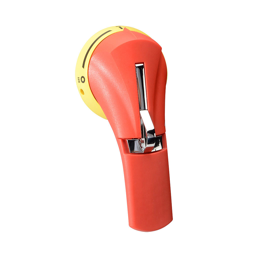 142E2911 - Socomec rotary handle, pistol, S2, heavy duty metallic hasp, red/yellow, external front mount, 2-position, lockable in OFF only, defeatable, NEMA 4/4X.