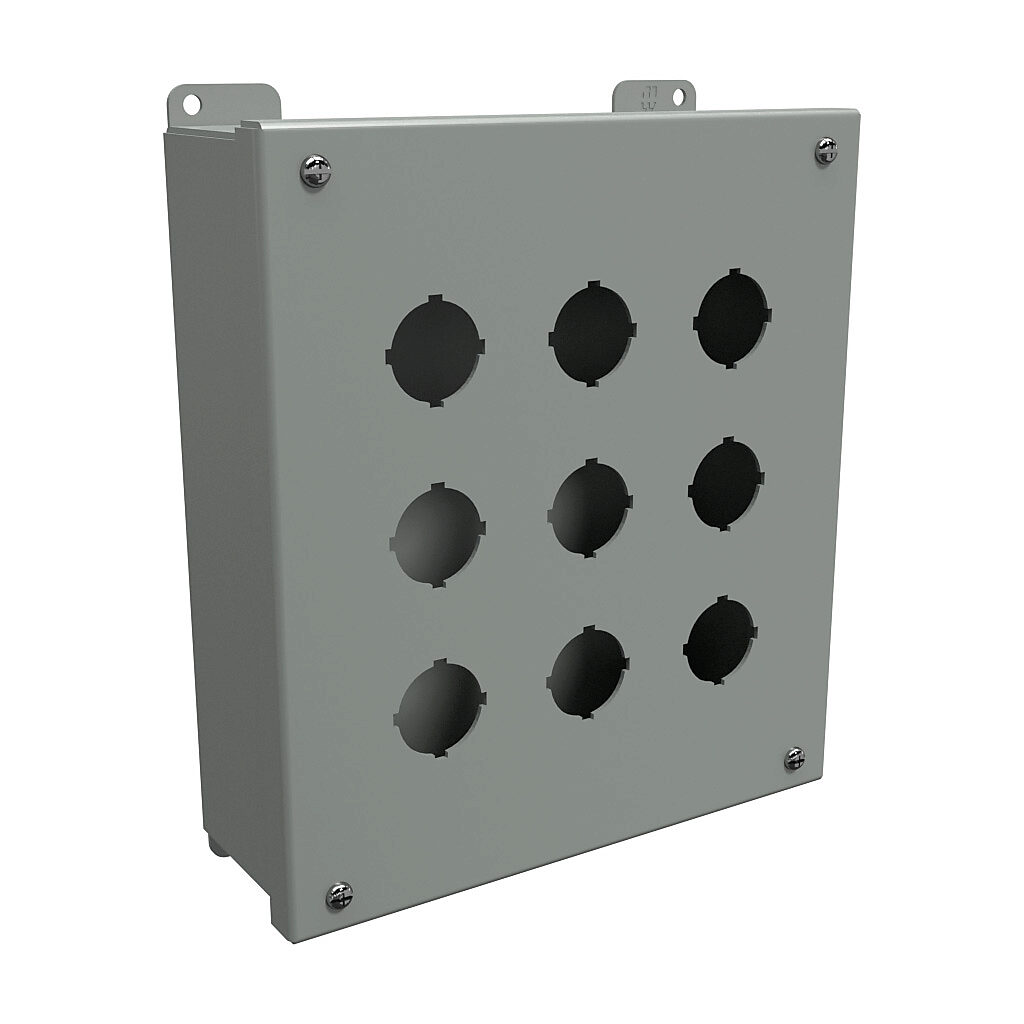 1435K - Hammond pushbutton enclosure, 9 holes, 30mm, NEMA 12/13, 10 x 9 x 3in (HxWxD), wall mount, carbon steel, ANSI 61 gray, powder coat finish, hinged screw cover.