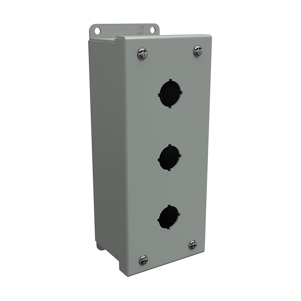 1435MC - Hammond pushbutton enclosure, 3 holes, 22mm, NEMA 12/13, 8 x 4 x 3in (HxWxD), wall mount, carbon steel, ANSI 61 gray, powder coat finish, screw cover.