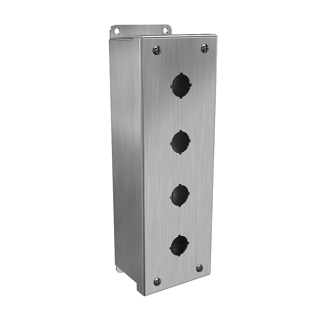 1435MS16D - Hammond pushbutton enclosure, 4 holes, 22mm, NEMA 3R/4/4X, 11 x 4 x 3in (HxWxD), wall mount, 316 stainless steel, #4 brush finish, screw cover.