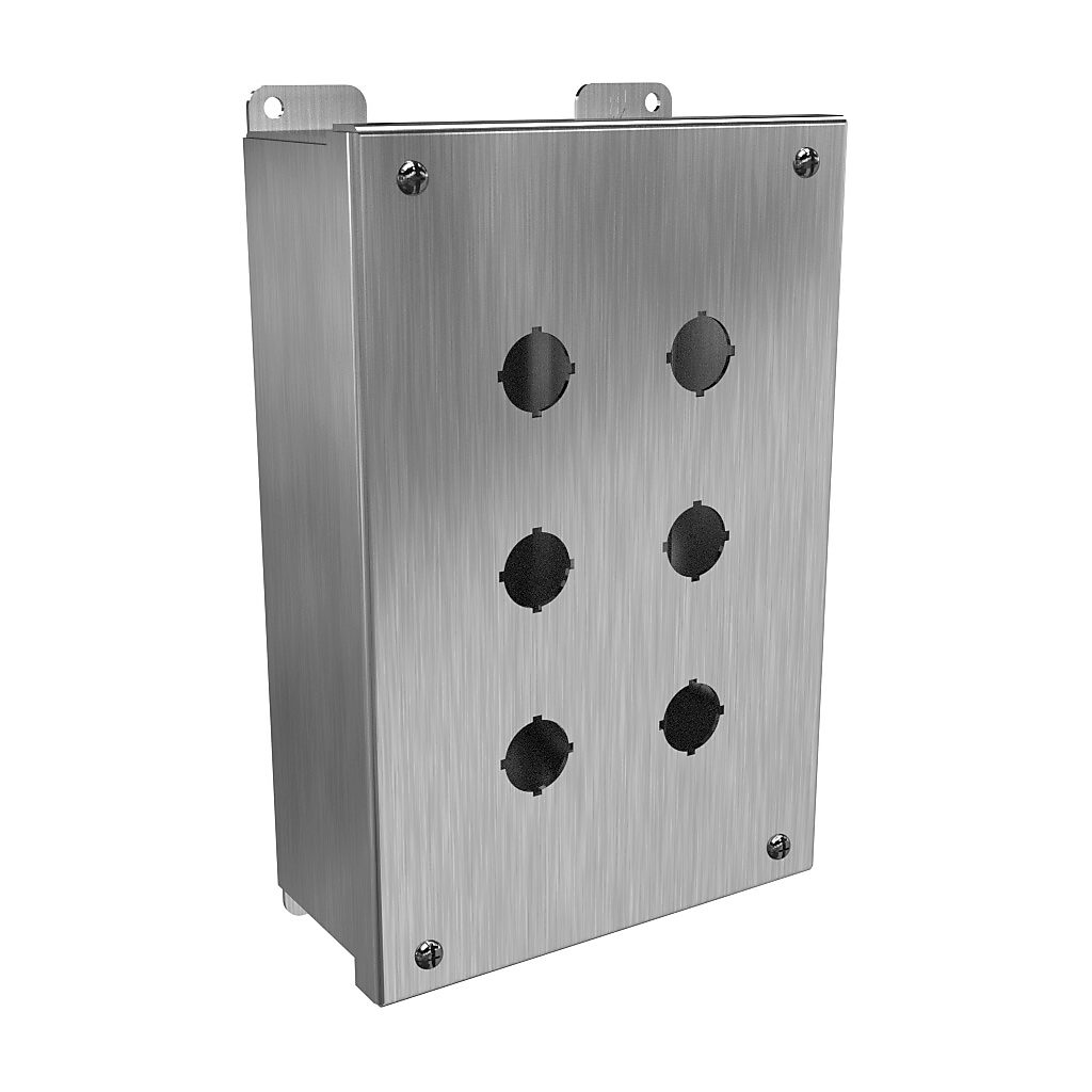 1435MS16H - Hammond pushbutton enclosure, 6 holes, 22mm, NEMA 3R/4/4X, 10 x 7 x 3in (HxWxD), wall mount, 316 stainless steel, #4 brush finish, hinged screw cover.